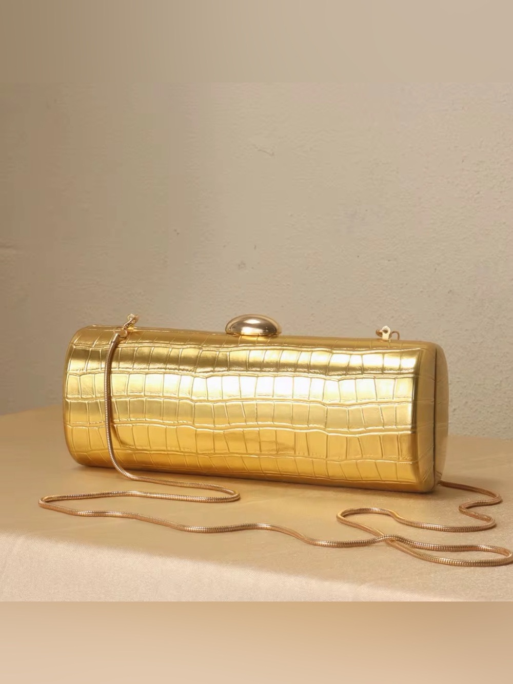 Gold Croc-Embossed Cylinder Clutch with Chain Strap